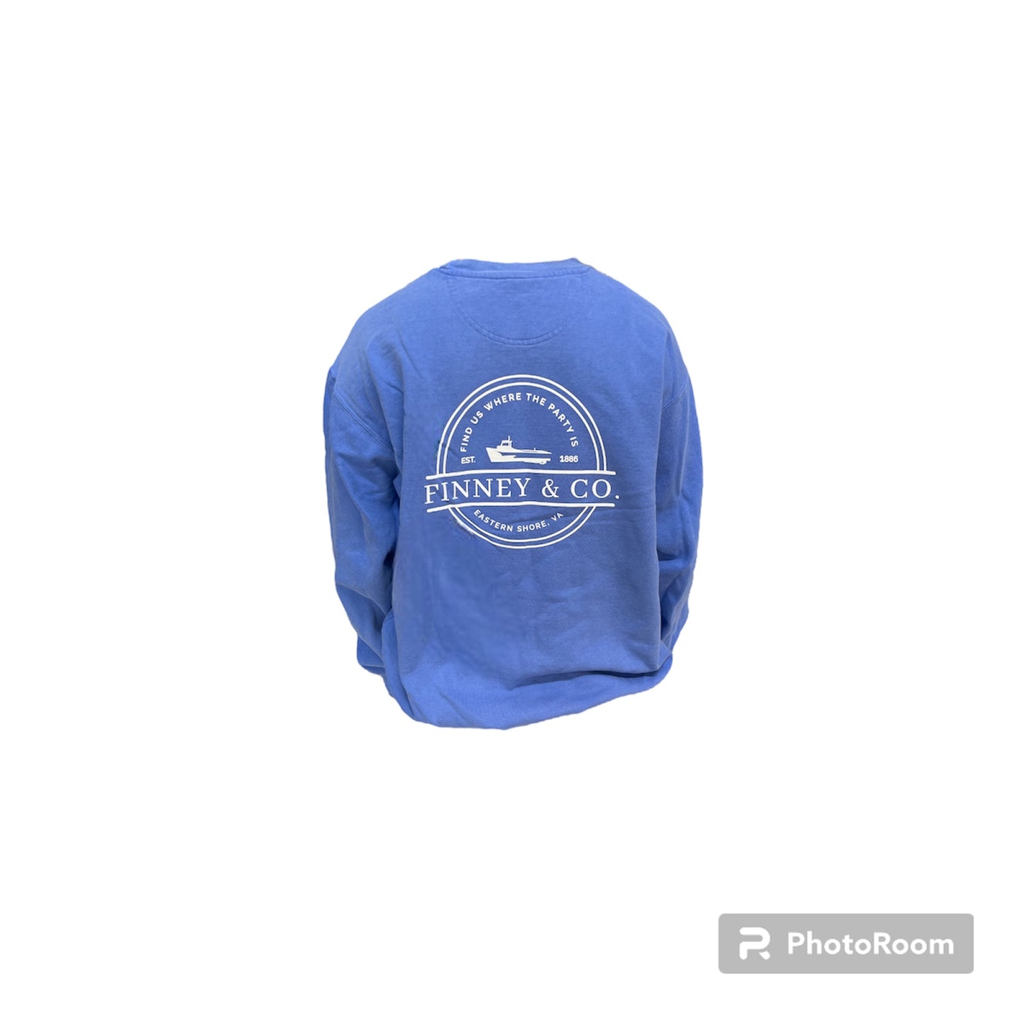 purple crew neck sweatshirt with finney & co logo